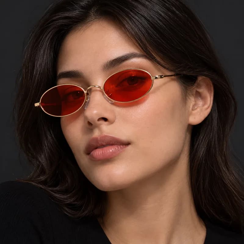 Gold-Tone Oval Red-Lens Fashion Glasses