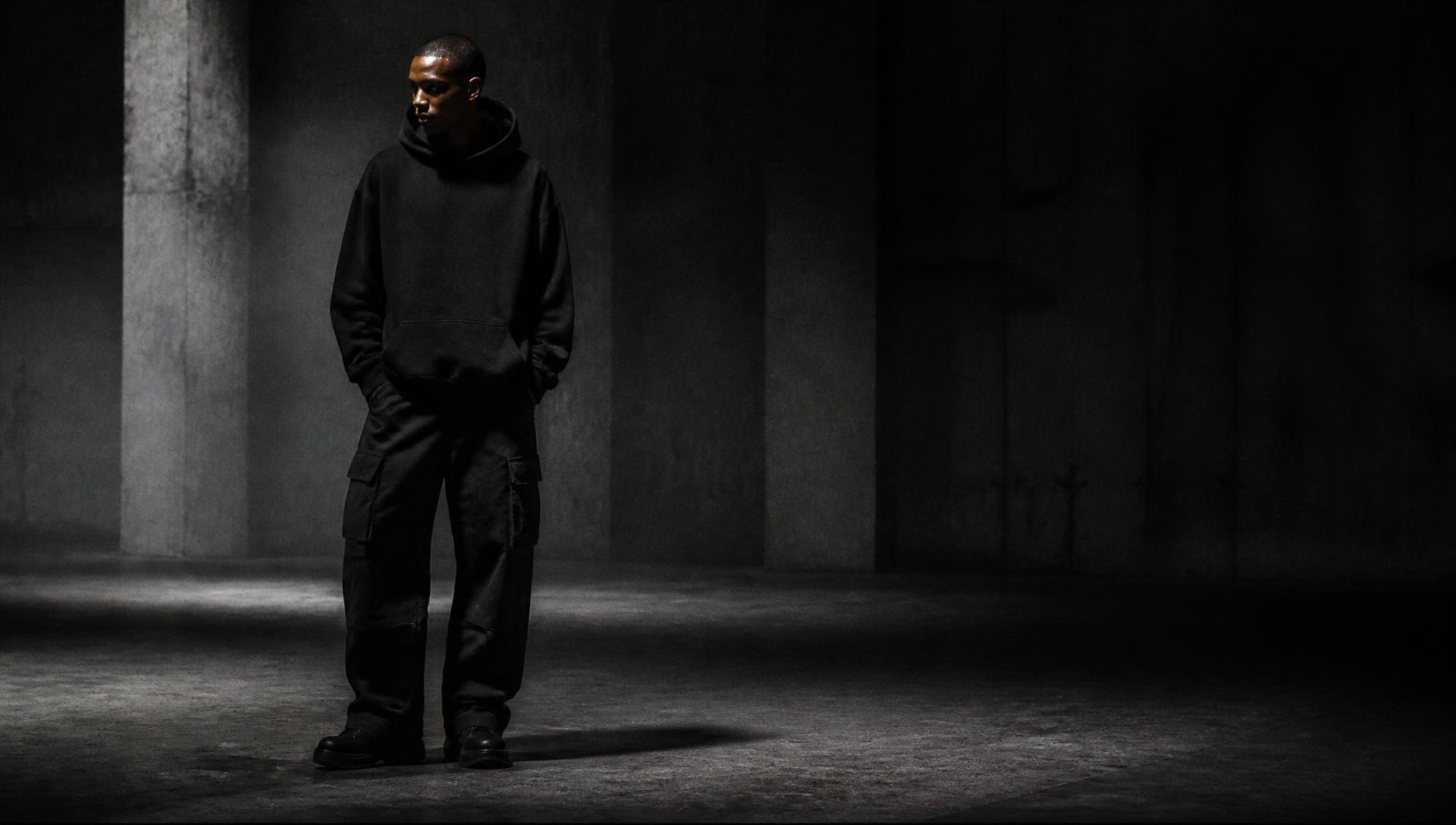 Model in an oversized black hoodie and cargo trousers in a dark concrete space